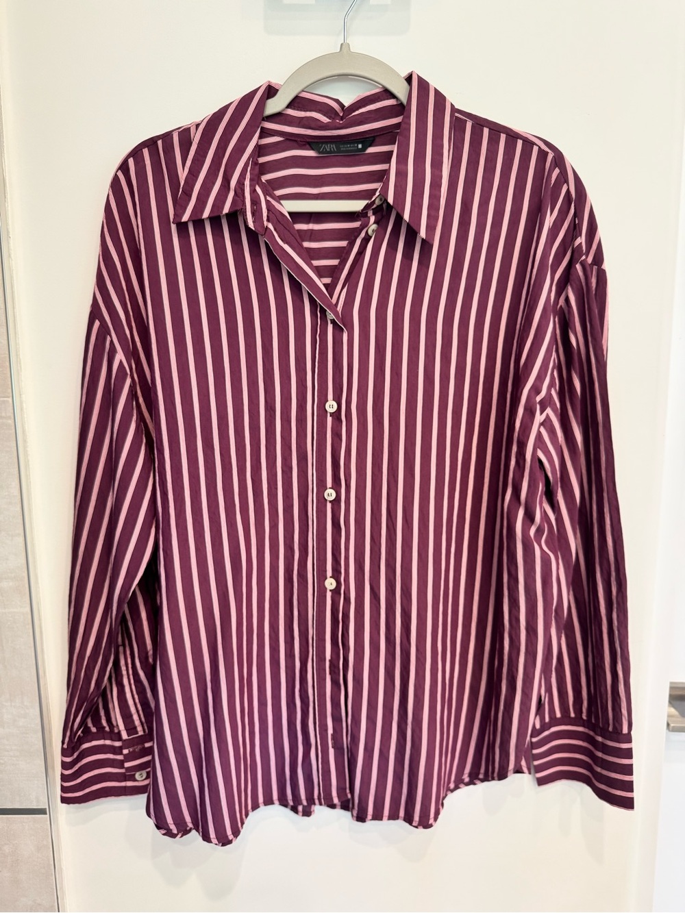 Zara Burgundy Pink Striped Button-Up Shirt - Size Medium NEW